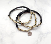 Arya Dalmatian Jasper Black Onyx Beaded Stretch Bracelet Set of 2